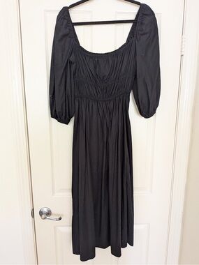 Reformation Black Puff Sleeve Smocked Midi Dress